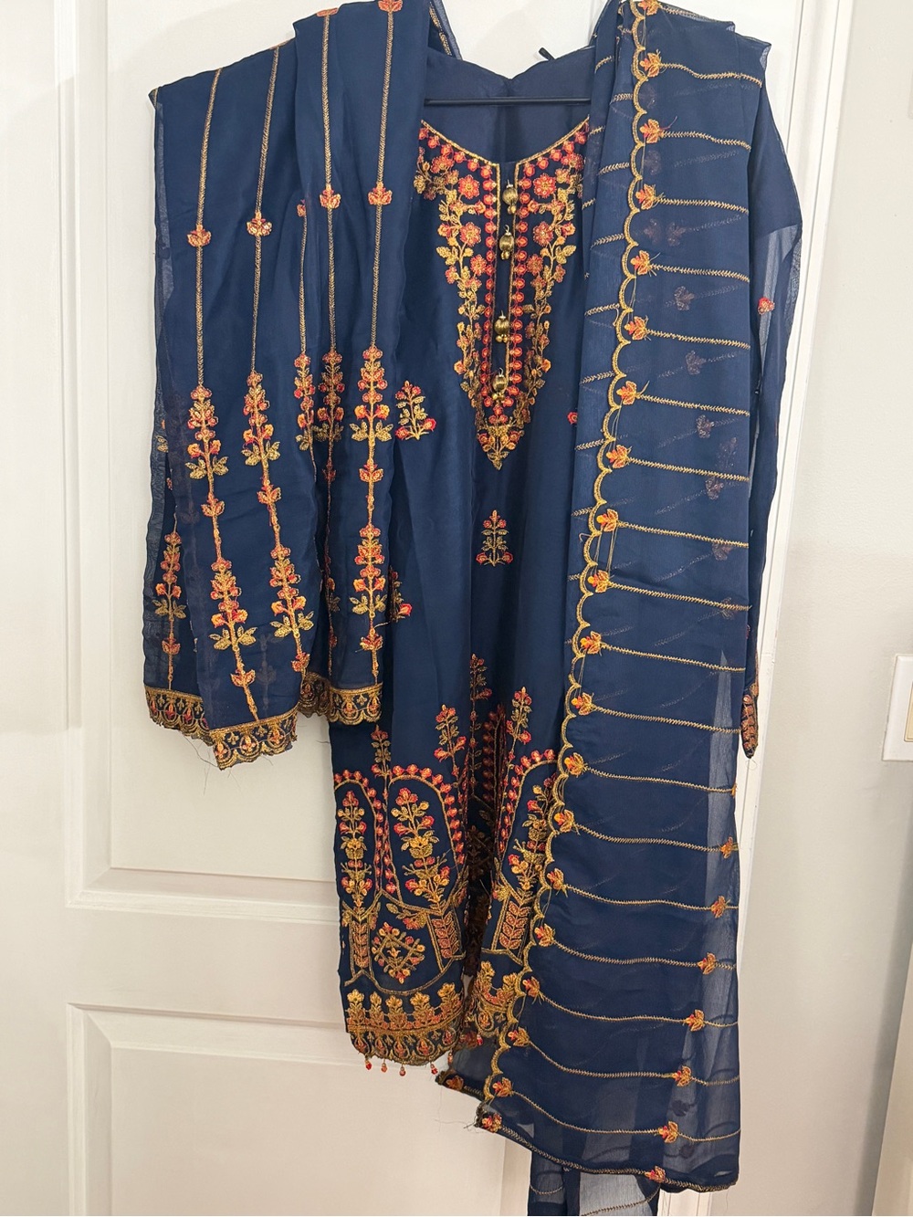 Salwar Kameez Navy Blue Maxi Dress with Gold and Orange Embroidery